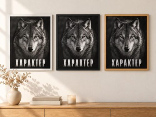 Същата картина с вълк в бяла, черна и дървена рамка на стена в стая