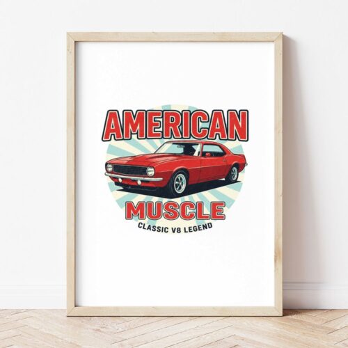 Картина с червено мускул кар купе и надпис AMERICAN MUSCLE в светла дървена рамка, облегната на бяла стена върху паркет
