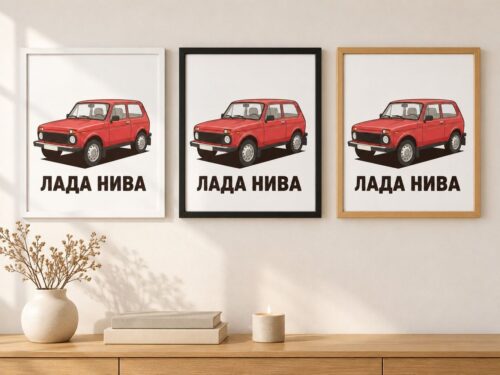 Същата картина с червена Нива в бяла, черна и дървена рамка на стена в стая