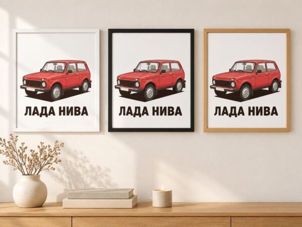 Същата картина с червена Нива в бяла, черна и дървена рамка на стена в стая