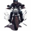 Картина чопър мотор анфас: моторист в тъмно яке кара черен чопър срещу зрителя, отломки по страните