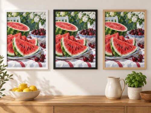 Същата диня и череши в бяла, черна и дървена рамка една до друга на стена в стая