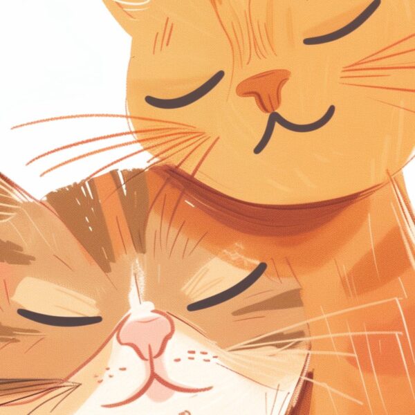Детайл: тъмни райета и бяла бузa на котката, върху която е опряна другата глава