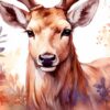 Детайл: муцуна и очи на елен с кафява козина и оранжеви акварелни петна Детайл: муцуна и очи на елен с кафява козина и оранжеви акварелни петна