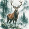 Картина елен в мъглива гора: елен с големи рога сред борове в акварел Картина елен в мъглива гора: елен с големи рога сред борове в акварел