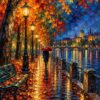 Картина есенна алея с ред улични лампи, пейка, мокри листа и човек с червен чадър до реката Картина есенна алея с ред улични лампи, пейка, мокри листа и човек с червен чадър до реката