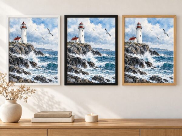 Същата картина с фар в бяла, черна и дървена рамка на стена в стая
