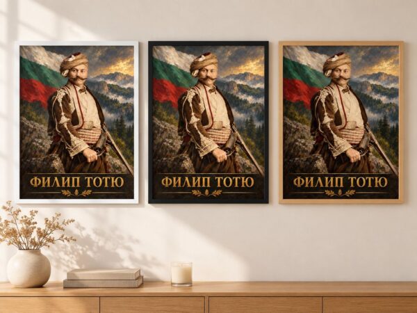 Същият портрет на Филип Тотю в бяла, черна и дървена рамка на стена в стая