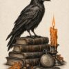 Картина гарван върху стари книги със свещ, джобен часовник и жълъди на кремав фон