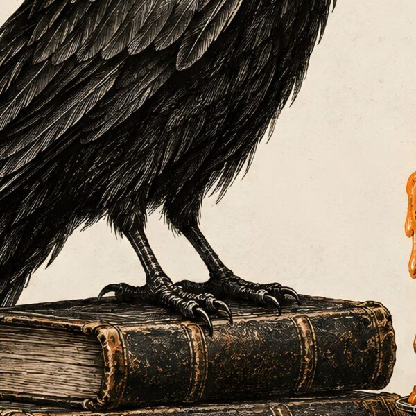 Детайл отблизо: Картина гарван върху стари книги със свещ, джобен часовник и жълъди на кремав фон