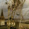 Детайл: камбанария и малка църква зад голи брези с гнезда