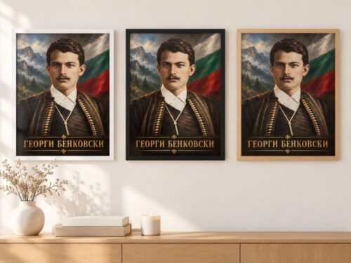 Същият портрет на Георги Бенковски в бяла, черна и дървена рамка на стена в стая