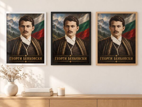 Същият портрет на Георги Бенковски в бяла, черна и дървена рамка на стена в стая Същият портрет на Георги Бенковски в бяла, черна и дървена рамка на стена в стая