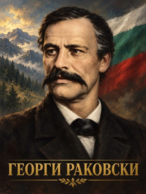 Картина Георги Раковски: мъж с мустаци в черен сюртук и папийонка пред планина и знаме, надпис „ГЕОРГИ РАКОВСКИ“