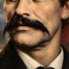 Детайл отблизо: Картина Георги Раковски: мъж с мустаци в черен сюртук и папийонка пред планина и знаме