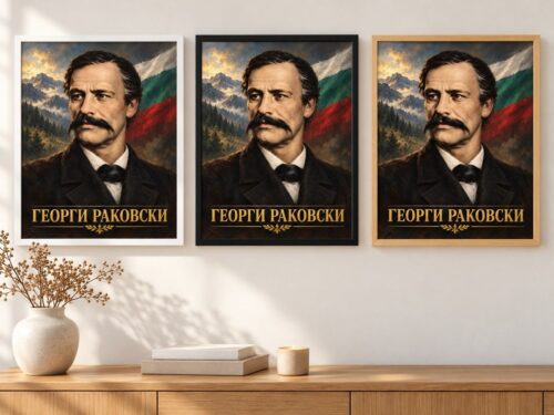 Същият портрет на Георги Раковски в бяла, черна и дървена рамка на стена в стая