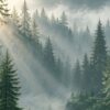 Детайл отблизо: Картина гора в мъгла: иглолистна гора с лъчи светлина през мъглата и планински поток отпред