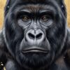 Детайл от средата: кафяви очи, широк нос и тъмна козина на горила Детайл от средата: кафяви очи, широк нос и тъмна козина на горила