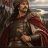 Картина хан Аспарух: воин в червена мантия и броня, ръка върху меча, надпис „ХАН АСПАРУХ“ Картина хан Аспарух: воин в червена мантия и броня, ръка върху меча, надпис „ХАН АСПАРУХ“