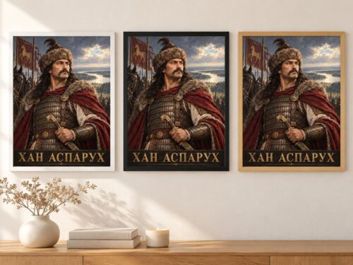 Същият портрет на хан Аспарух в бяла, черна и дървена рамка на стена в стая