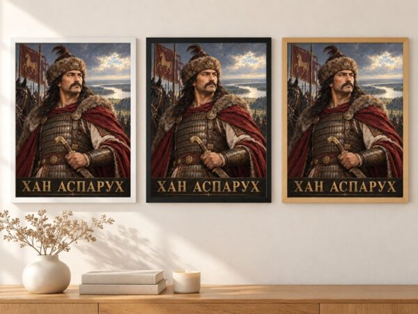 Същият портрет на хан Аспарух в бяла, черна и дървена рамка на стена в стая Същият портрет на хан Аспарух в бяла, черна и дървена рамка на стена в стая