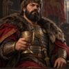 Картина хан Крум: брадат владетел на трон със златна чаша в ръка, надпис „ХАН КРУМ“ Картина хан Крум: брадат владетел на трон със златна чаша в ръка, надпис „ХАН КРУМ“