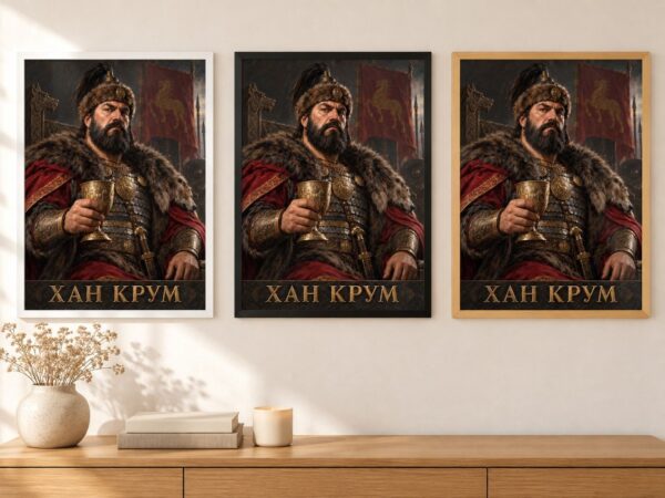 Същият портрет на хан Крум в бяла, черна и дървена рамка на стена в стая Същият портрет на хан Крум в бяла, черна и дървена рамка на стена в стая