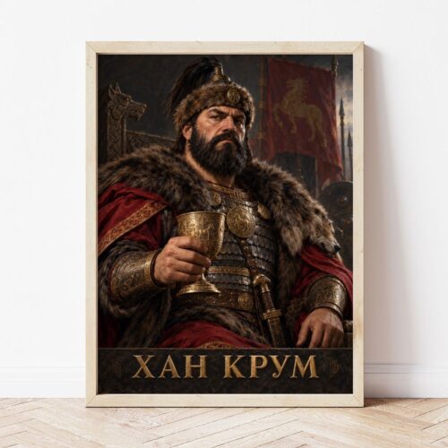 Портрет на хан Крум в светла дървена рамка, облегнат на бяла стена върху паркет