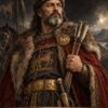 Картина хан Кубрат: брадат владетел със сноп стрели и червена мантия, надпис „ХАН КУБРАТ“ Картина хан Кубрат: брадат владетел със сноп стрели и червена мантия, надпис „ХАН КУБРАТ“