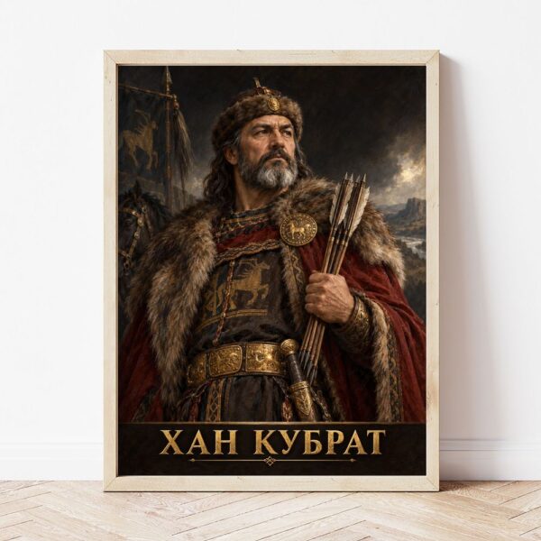 Портрет на хан Кубрат в светла дървена рамка, облегнат на бяла стена върху паркет Портрет на хан Кубрат в светла дървена рамка, облегнат на бяла стена върху паркет