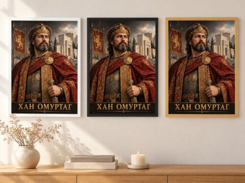 Същият портрет на хан Омуртаг в бяла, черна и дървена рамка на стена в стая