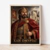 Портрет на хан Омуртаг в светла дървена рамка, облегнат на бяла стена върху паркет