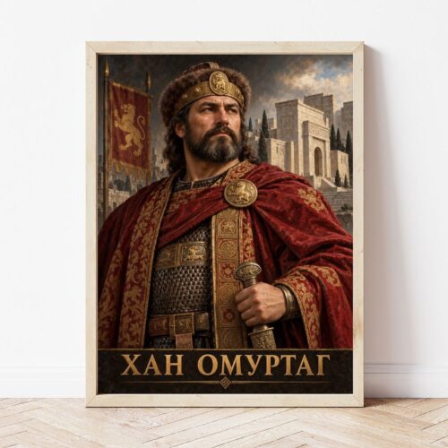 Портрет на хан Омуртаг в светла дървена рамка, облегнат на бяла стена върху паркет