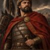 Картина хан Тервел: брадат воин в червена мантия с ръка върху меча, надпис „ХАН ТЕРВЕЛ“