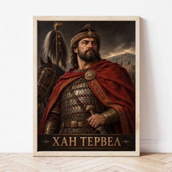 Портрет на хан Тервел в светла дървена рамка, облегнат на бяла стена върху паркет