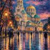 Картина храм Александър Невски със златни куполи над мокър площад в София и хора с чадъри