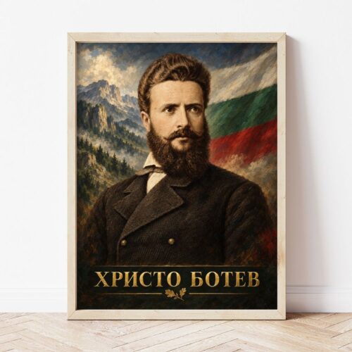 Портрет на Христо Ботев в светла дървена рамка, облегнат на бяла стена върху паркет