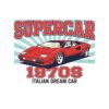 Картина италианска кола мечта: червено клиновидно купе пред лъчи с надписи SUPERCAR, 1970S и ITALIAN DREAM CAR