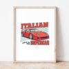 Картина с червено спортно купе и надпис ITALIAN SUPERCAR в светла дървена рамка, облегната на бяла стена върху паркет