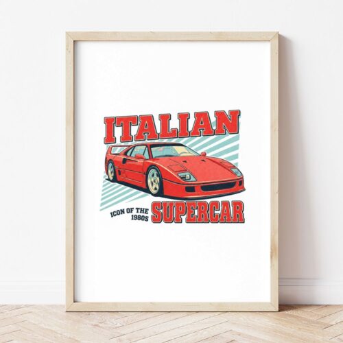 Картина с червено спортно купе и надпис ITALIAN SUPERCAR в светла дървена рамка, облегната на бяла стена върху паркет