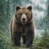 Картина кафява мечка: мечка стои на мъхеста скала в мъглива иглолистна гора и гледа напред