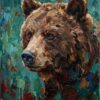 Картина кафява мечка за хол: глава на мечка с топла козина на тюркоазено-зелен фон