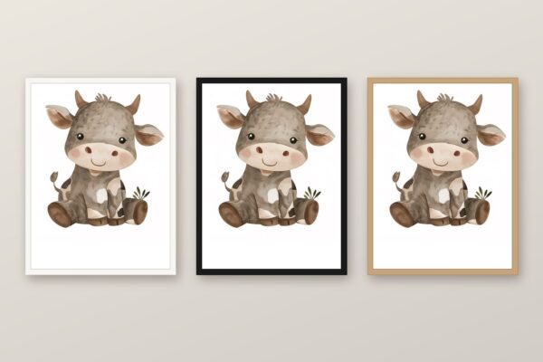 Същата картина с кафяво теленце в бяла, черна и дървена рамка на стена