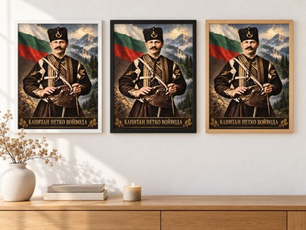 Същият портрет на Капитан Петко войвода в бяла, черна и дървена рамка на стена в стая