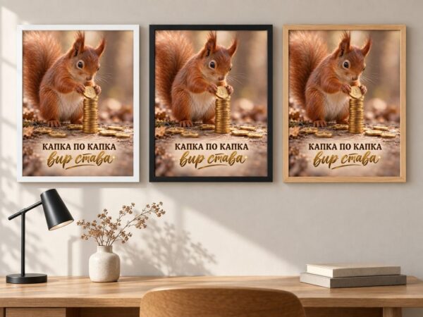 Същата картина с катерицата в бяла, черна и дървена рамка на стена в стая