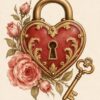 Картина катинар сърце: червен катинар със златни орнаменти, златен ключ и рози Картина катинар сърце: червен катинар със златни орнаменти, златен ключ и рози