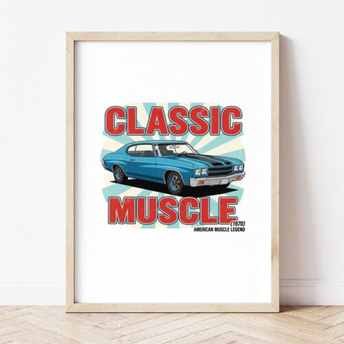 Картина със синьо мускул кар купе и надпис CLASSIC MUSCLE в светла дървена рамка, облегната на бяла стена върху паркет