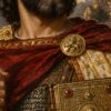 Детайл отблизо: Картина княз Борис Първи: мъж с корона, златен кръст и книга, надпис „КНЯЗ БОРИС I“
