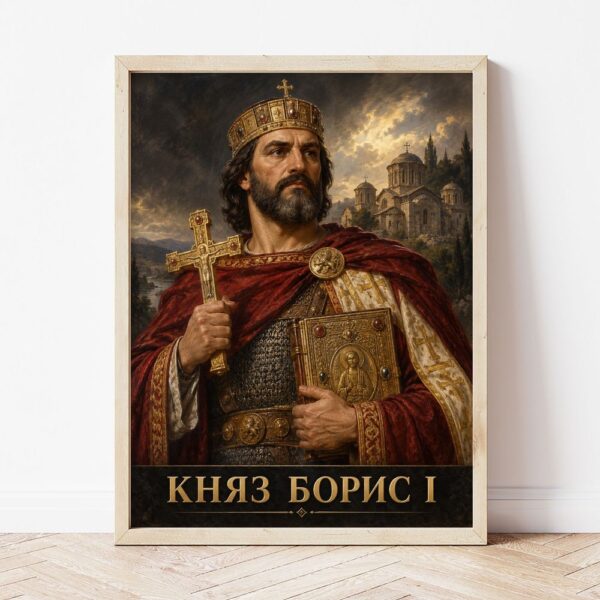 Портрет на княз Борис Първи в светла дървена рамка, облегнат на бяла стена върху паркет