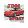 Картина кола с роторен двигател: червено японско купе пред лъчи с надписи JDM ROTARY и JAPANESE ROTARY ICON